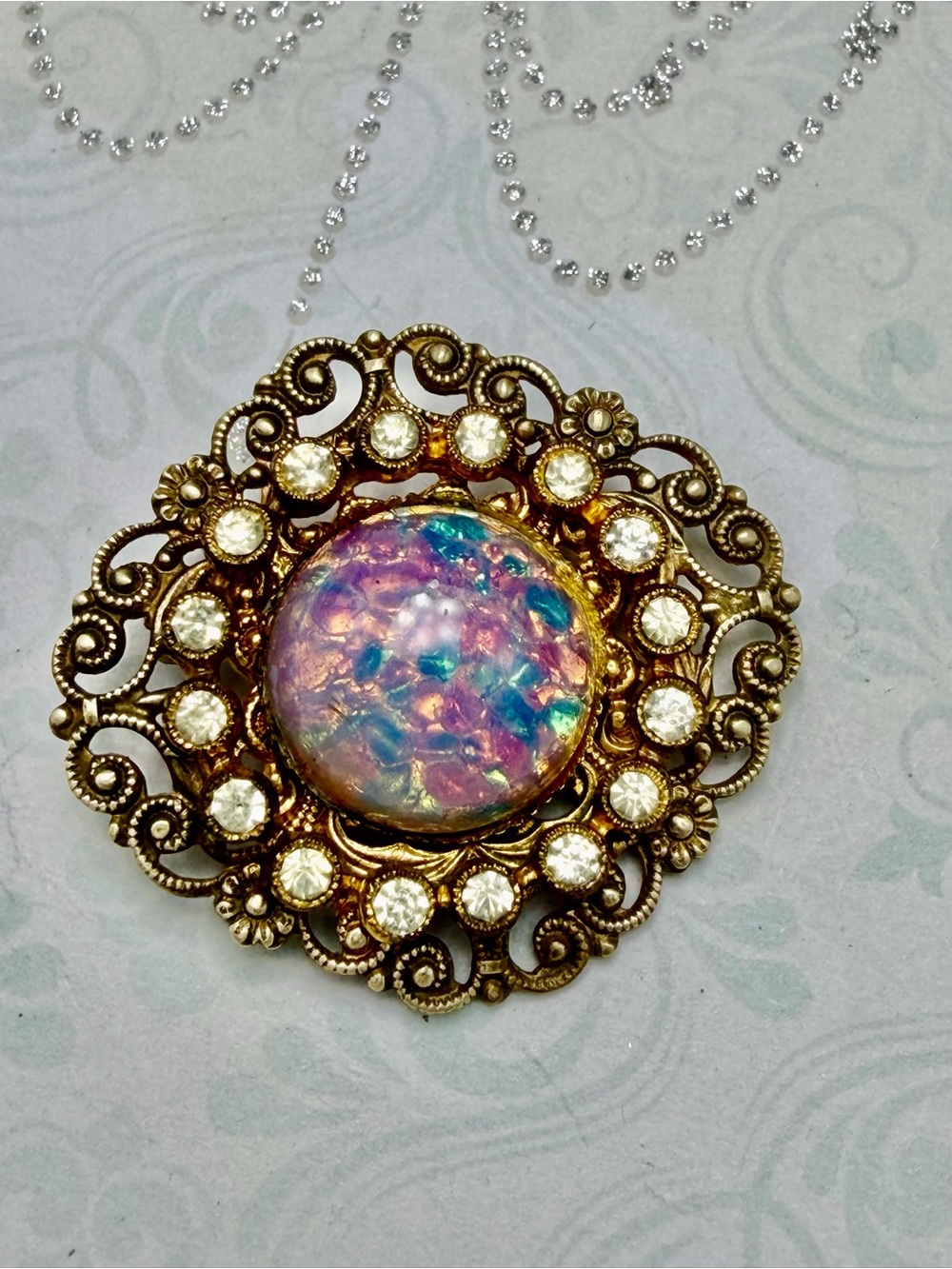 Vintage Czech Foil Glass Brooch #cz616